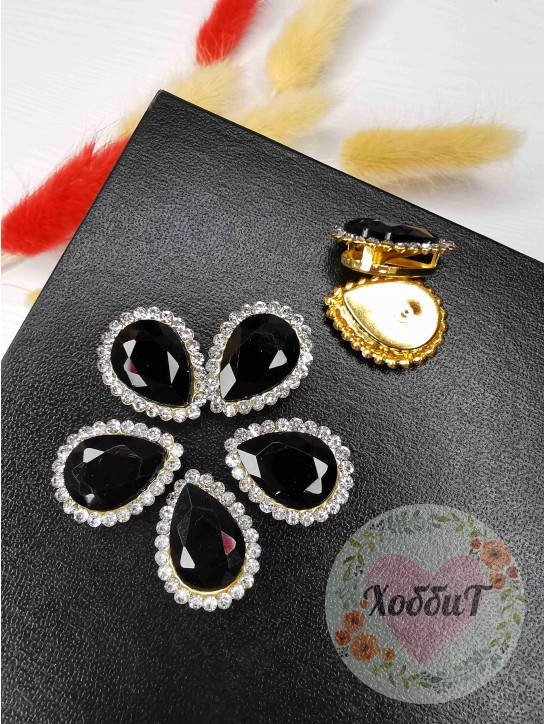 Стразы пришивные в золотой оправе "Капля" 14*18мм. (черный)